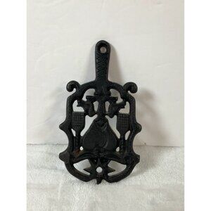 Vintage Wilton Black Cast Iron Footed Trivet Broomsticks,Hearts, Birds Farmhouse